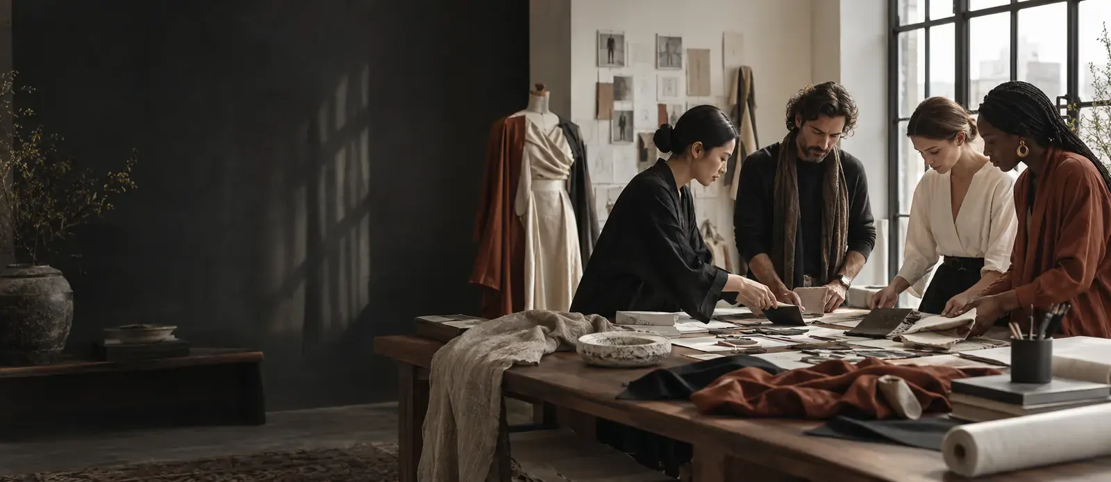 Visuel éditorial : Équipe internationale examinant des textiles et des patrons dans un atelier de mode