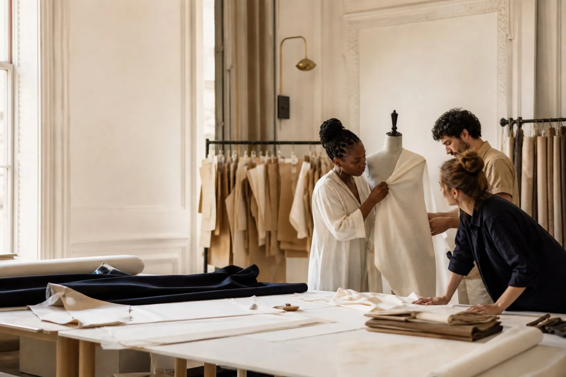Visuel éditorial : Équipe de créateurs travaillant sur des tissus et des patrons dans un atelier de mode