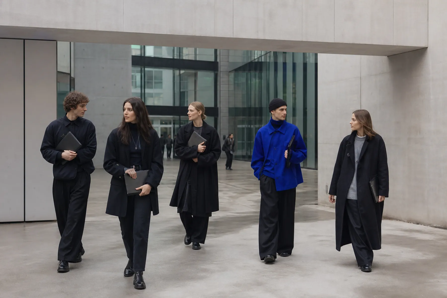 Visuel éditorial : Jeunes créateurs dans une cour culturelle contemporaine à Berlin — illustration éditoriale, scène imaginaire