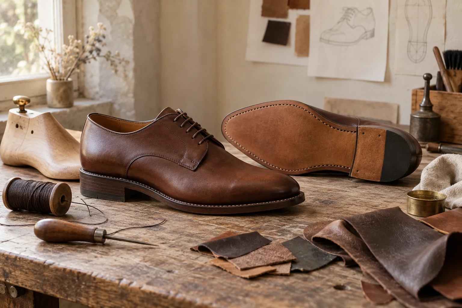Visuel éditorial : Chaussures et outils sur un établi fictif — illustration générée par IA