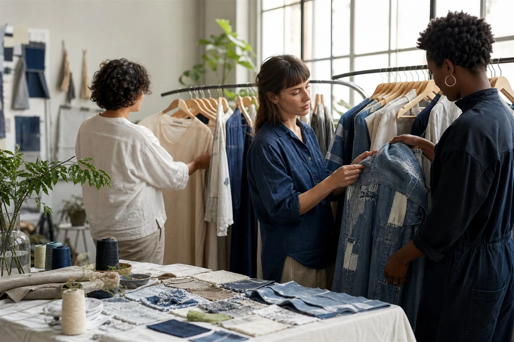 Visuel éditorial : Denim et échantillons examinés dans un atelier — illustration éditoriale