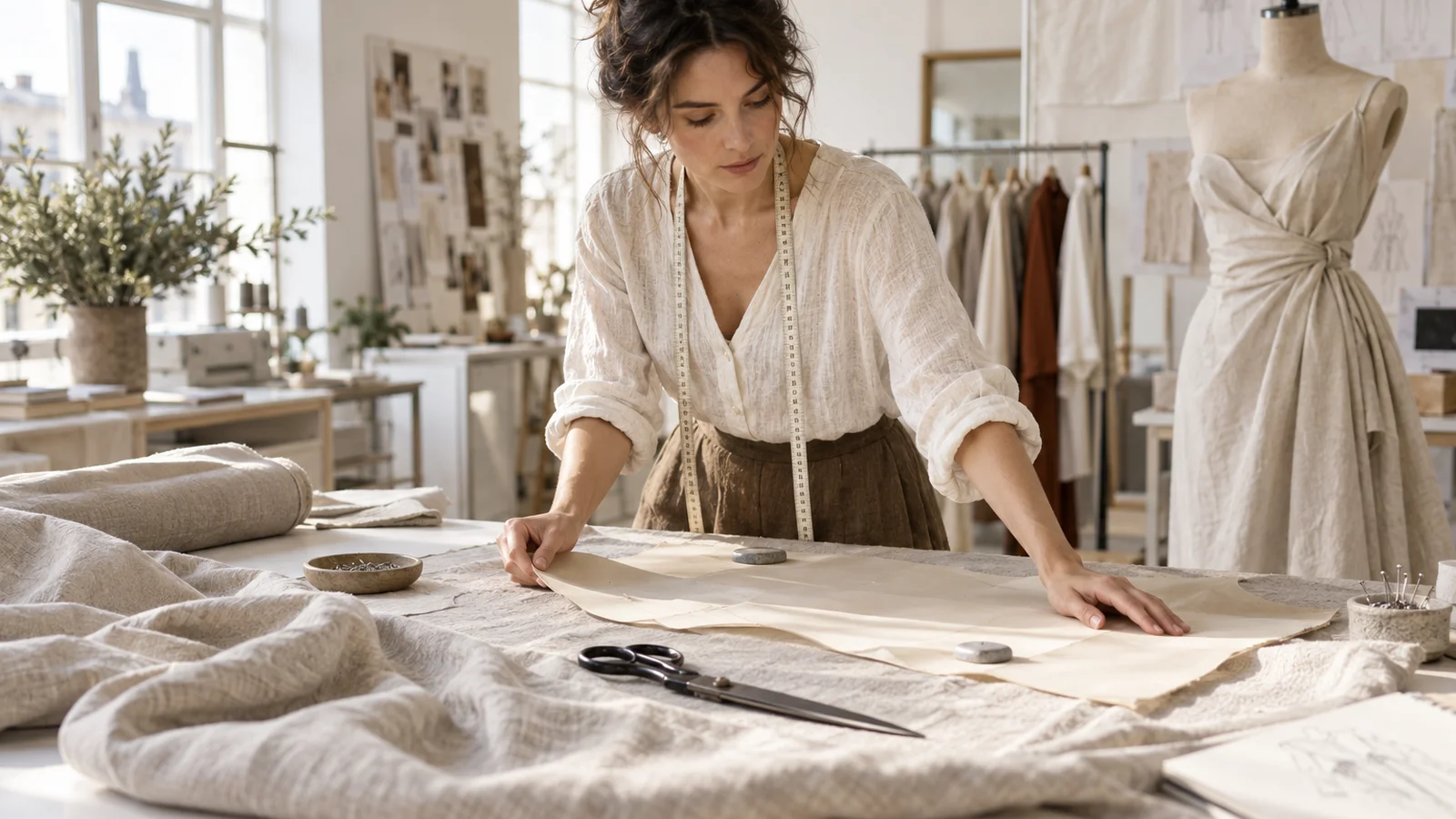 Créatrice de mode examinant un patron dans un atelier contemporain