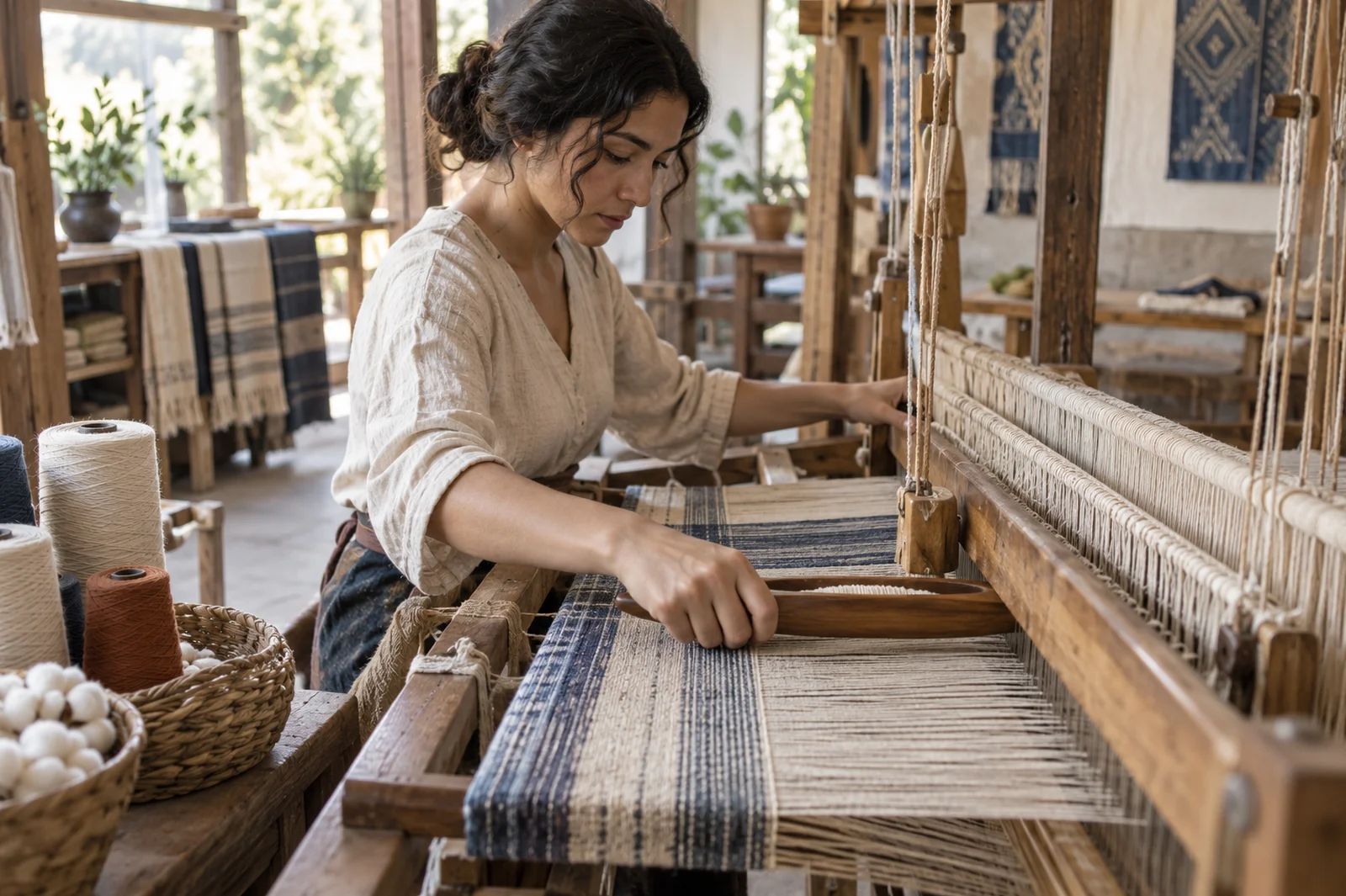 Artisane travaillant des fils colorés dans un atelier de tissage traditionnel