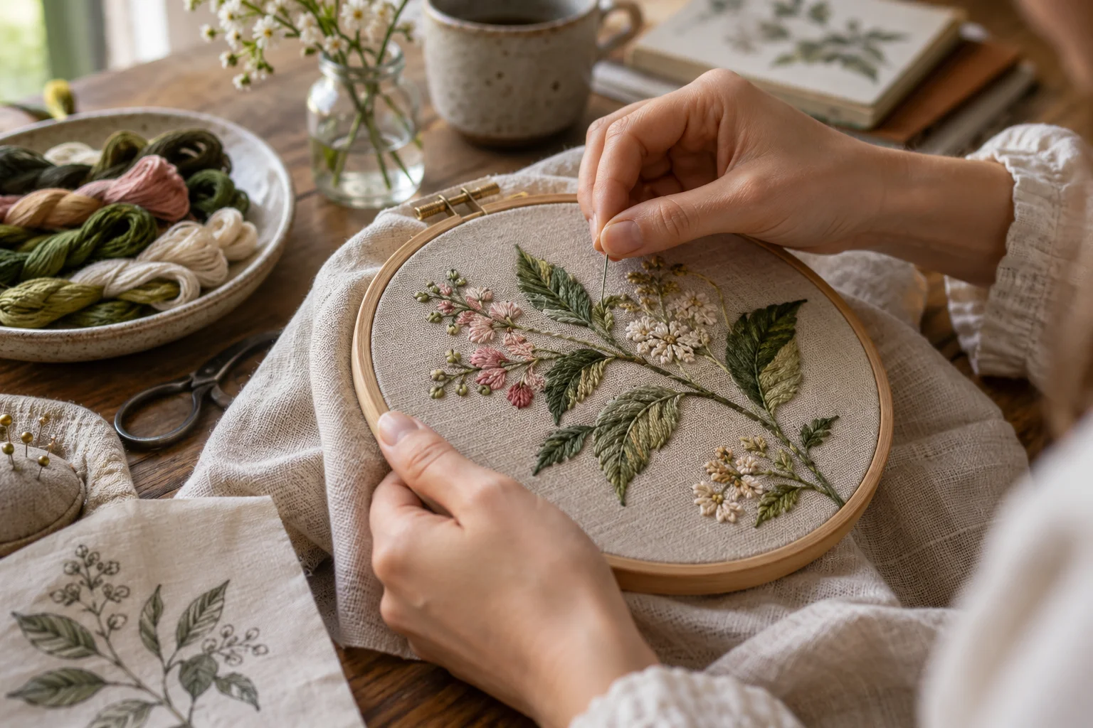 Broderie manuelle d’un motif végétal — illustration éditoriale.