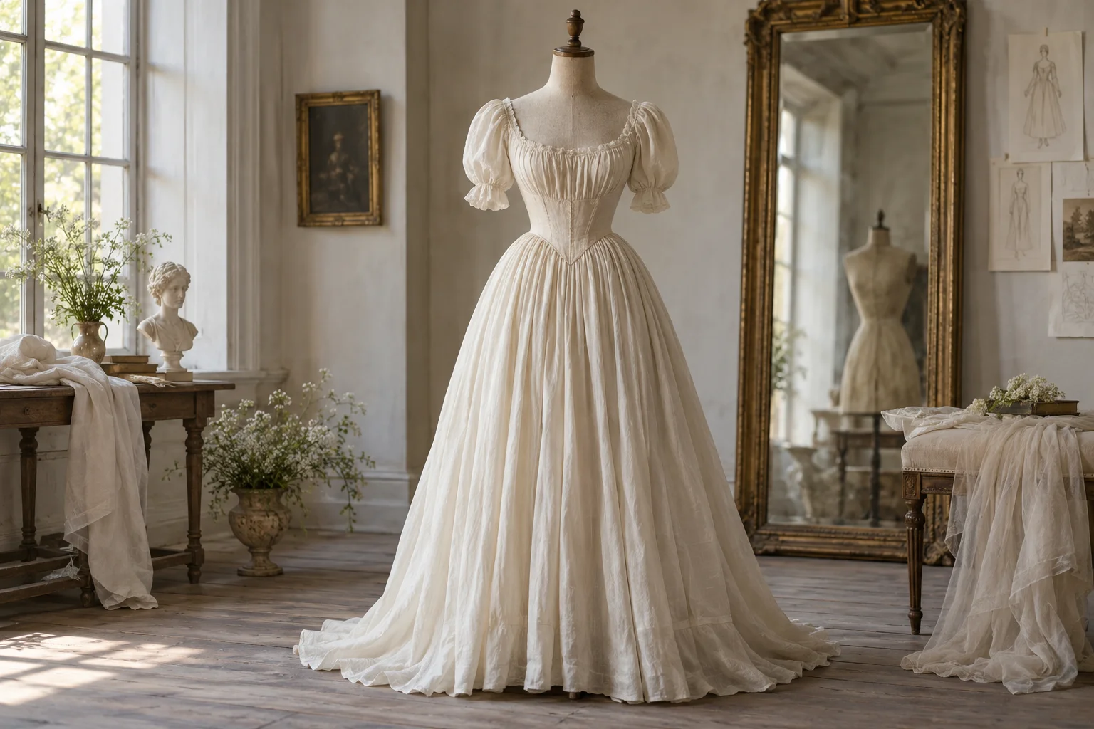 Robe imaginaire inspirée du XIXe siècle — illustration éditoriale.
