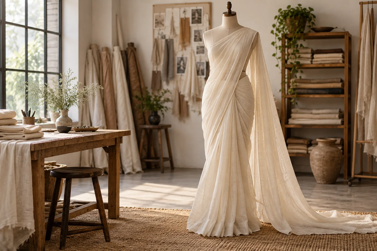 Drapé de mousseline sur mannequin — illustration éditoriale.