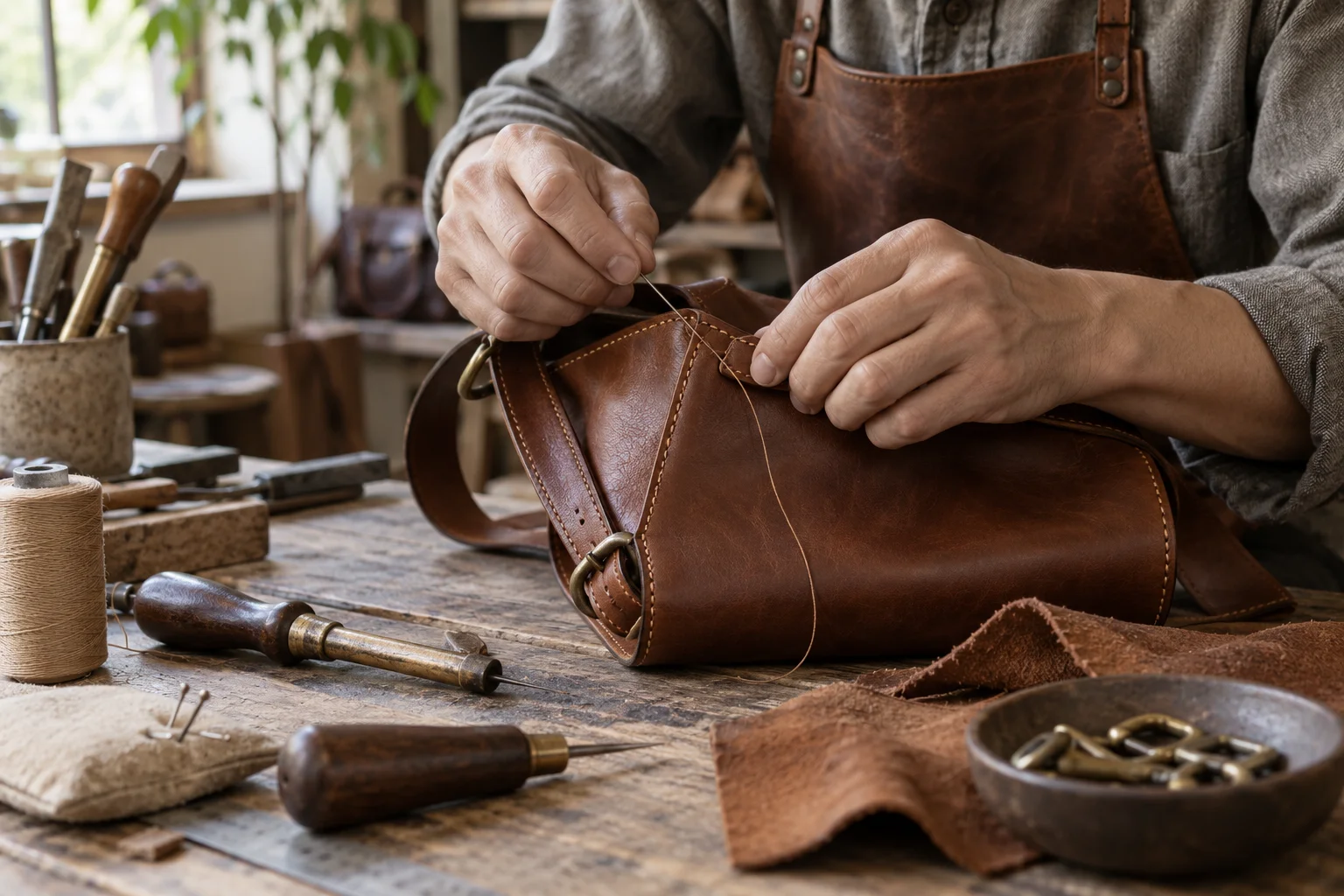 Couture à la main d’un sac en cuir — illustration éditoriale.