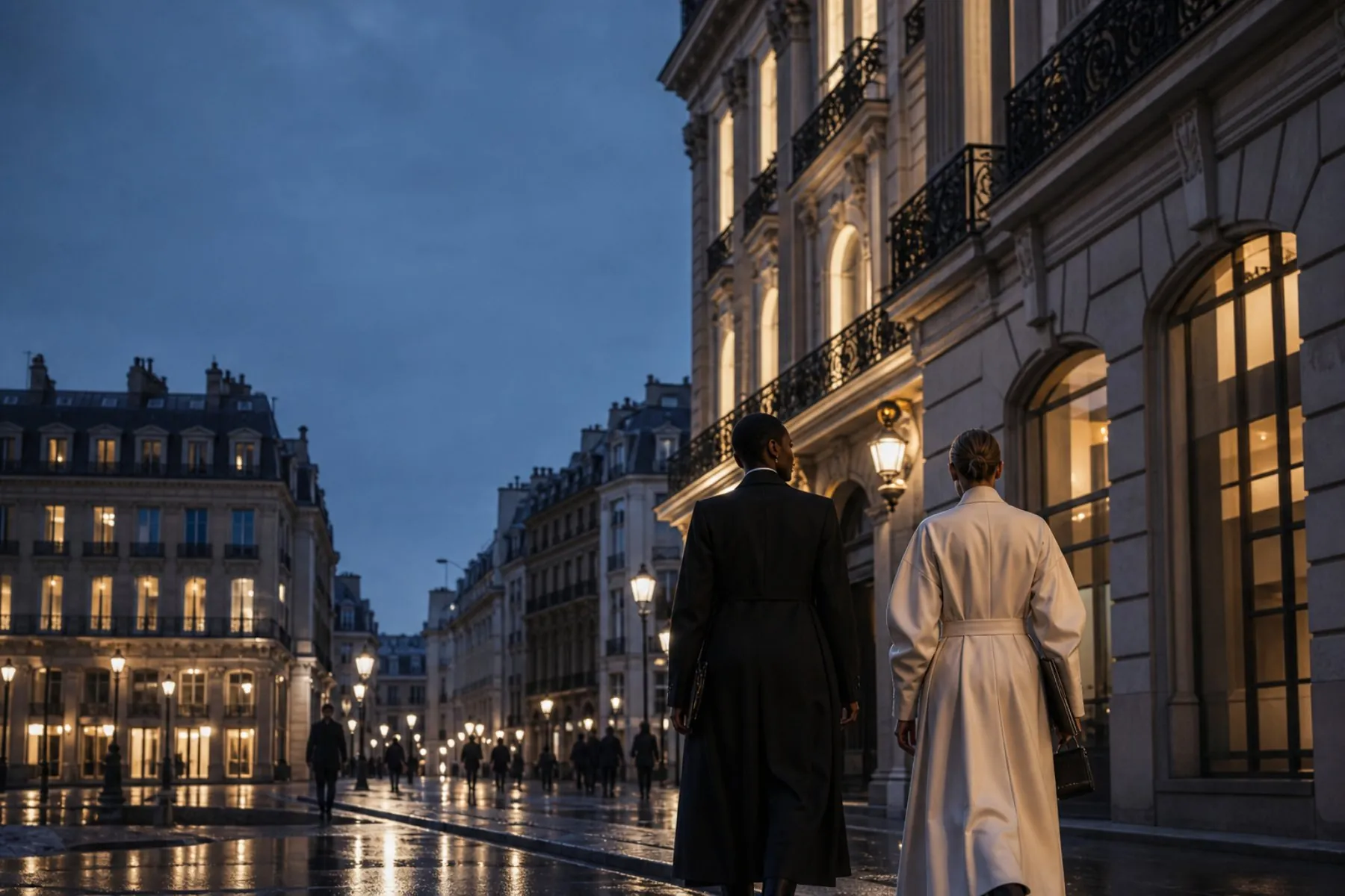 Visuel éditorial : Professionnels de la mode marchant dans une rue parisienne au crépuscule
