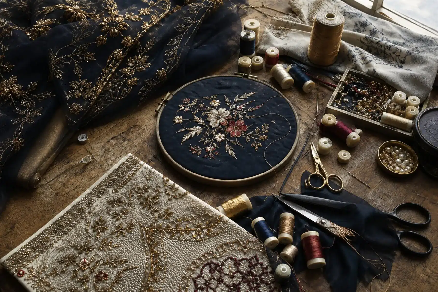 Visuel éditorial : Table d’artisan avec broderie, fils, perles, ciseaux et tissu de soirée