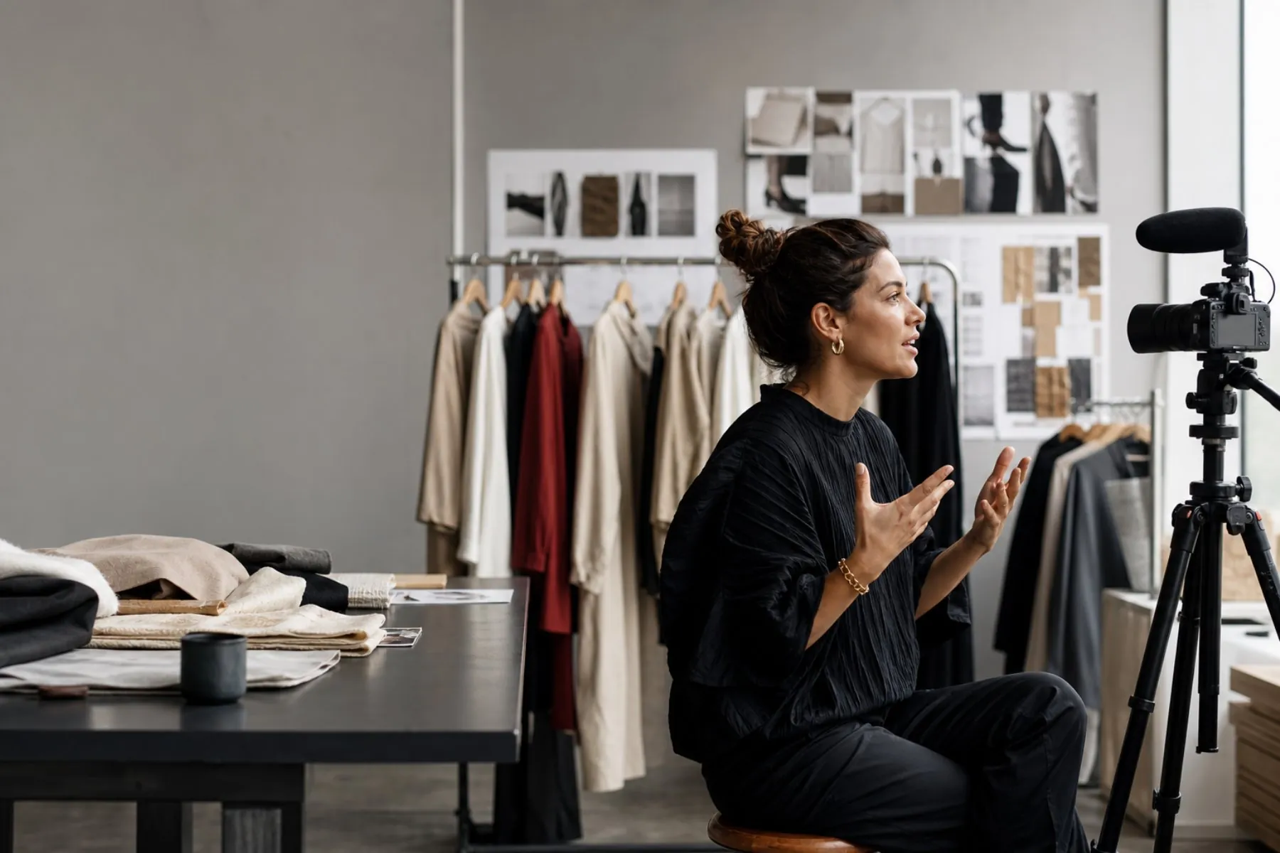 Visuel éditorial : Créateur de contenu mode filmant une analyse dans un studio avec une caméra et un portant de vêtements