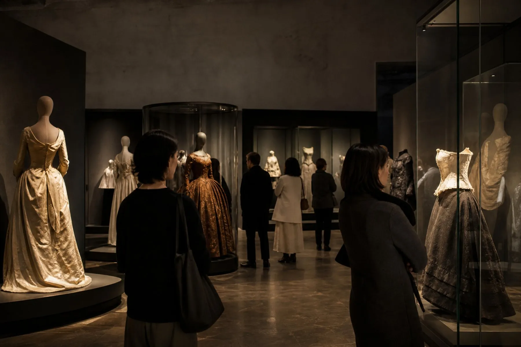 Visuel éditorial : Visiteurs découvrant des silhouettes dans une exposition de mode contemporaine