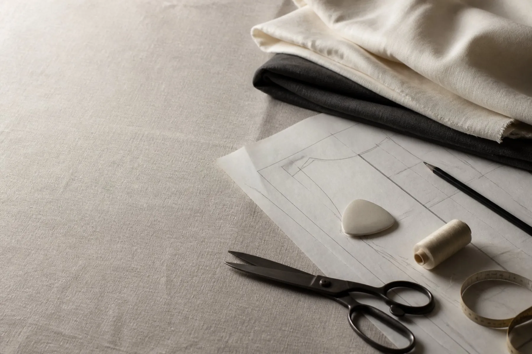 Visuel éditorial : Patron, tissus et outils d’atelier sur une table de travail de mode