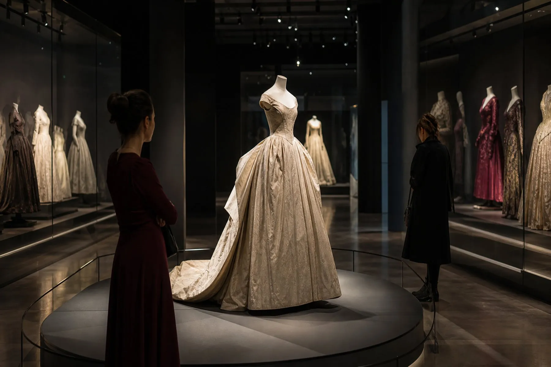 Visuel éditorial : Visiteurs observant une silhouette historique dans une galerie de musée de la mode