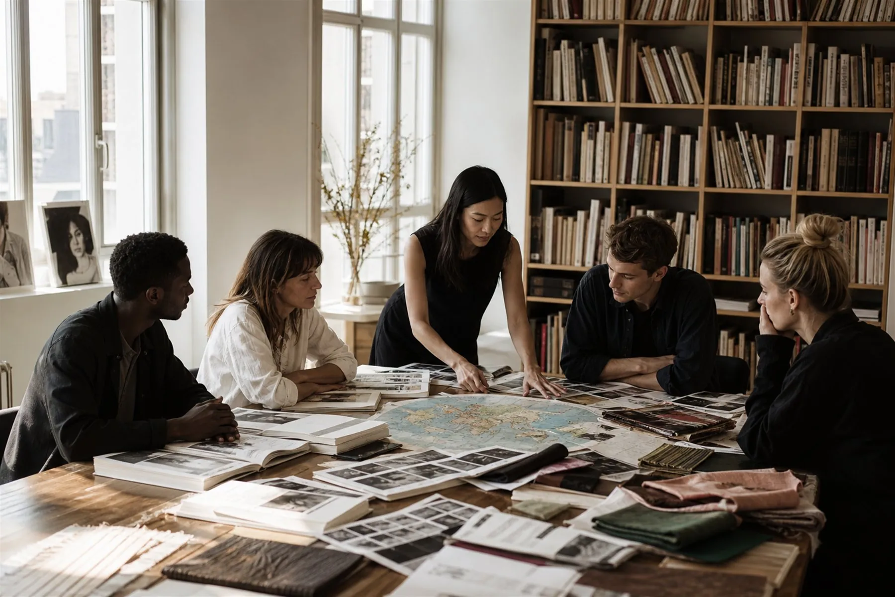 Visuel éditorial : Équipe éditoriale comparant des livres, archives, tissus et cartes dans un studio de recherche mode