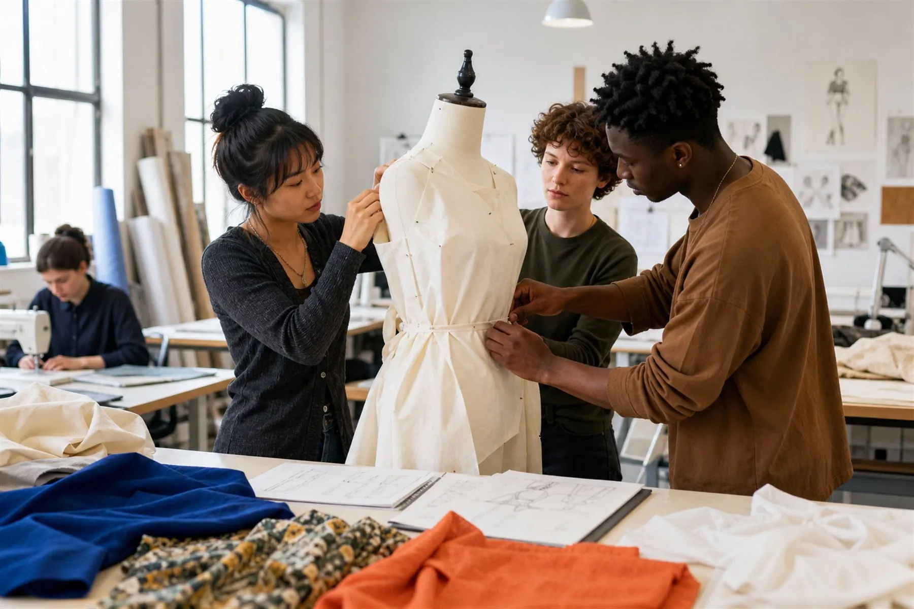 Visuel éditorial : Étudiants en mode ajustant un vêtement sur un mannequin dans un studio de création