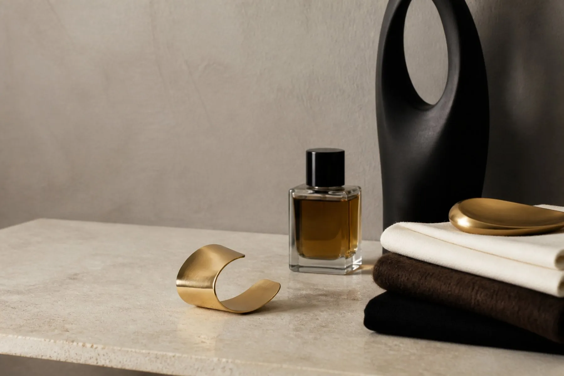 Visuel éditorial : Flacon de parfum sans marque, textiles et objet métallique sur une table claire