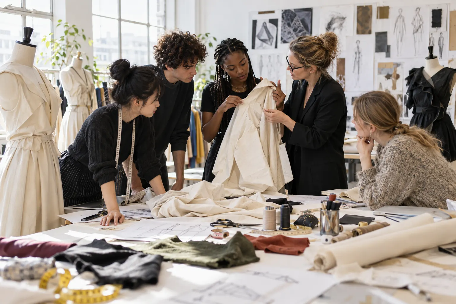 Visuel éditorial : Étudiants et enseignante examinant un prototype de vêtement dans un atelier de mode