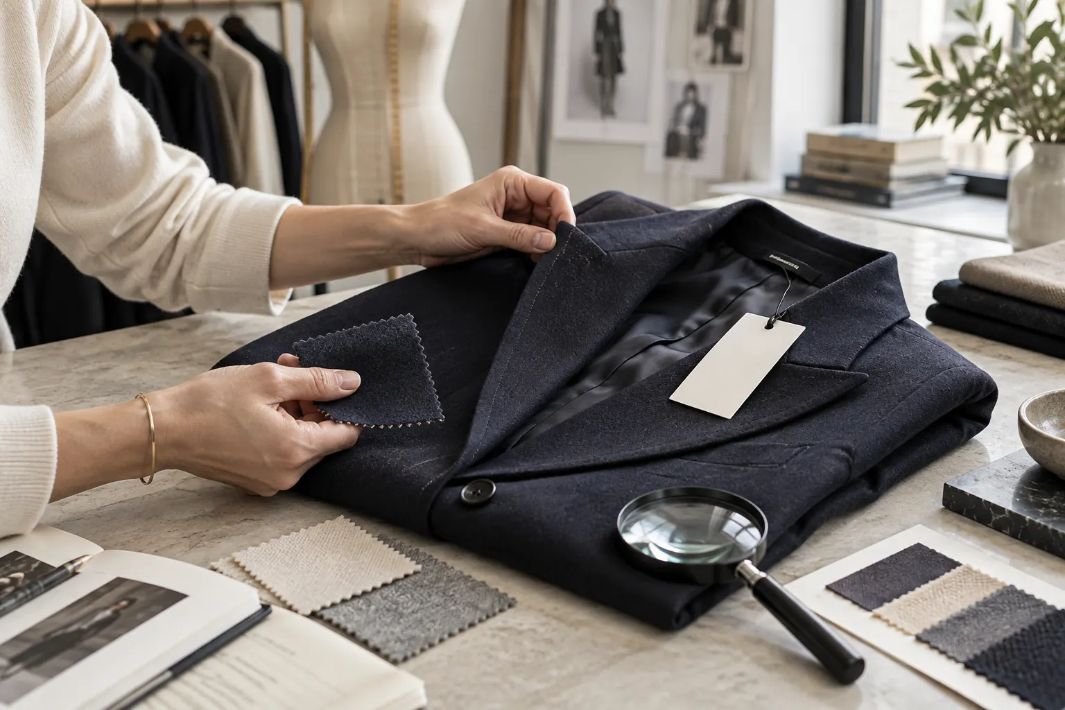 Visuel éditorial : Mains examinant les coutures et la matière d’une veste foncée avec des échantillons textiles