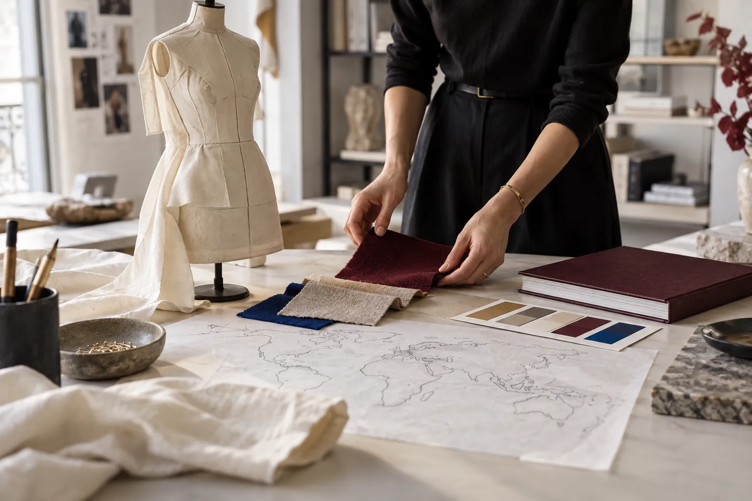 Visuel éditorial : Table éditoriale réunissant une toile de vêtement, des textiles, des couleurs et une carte du monde