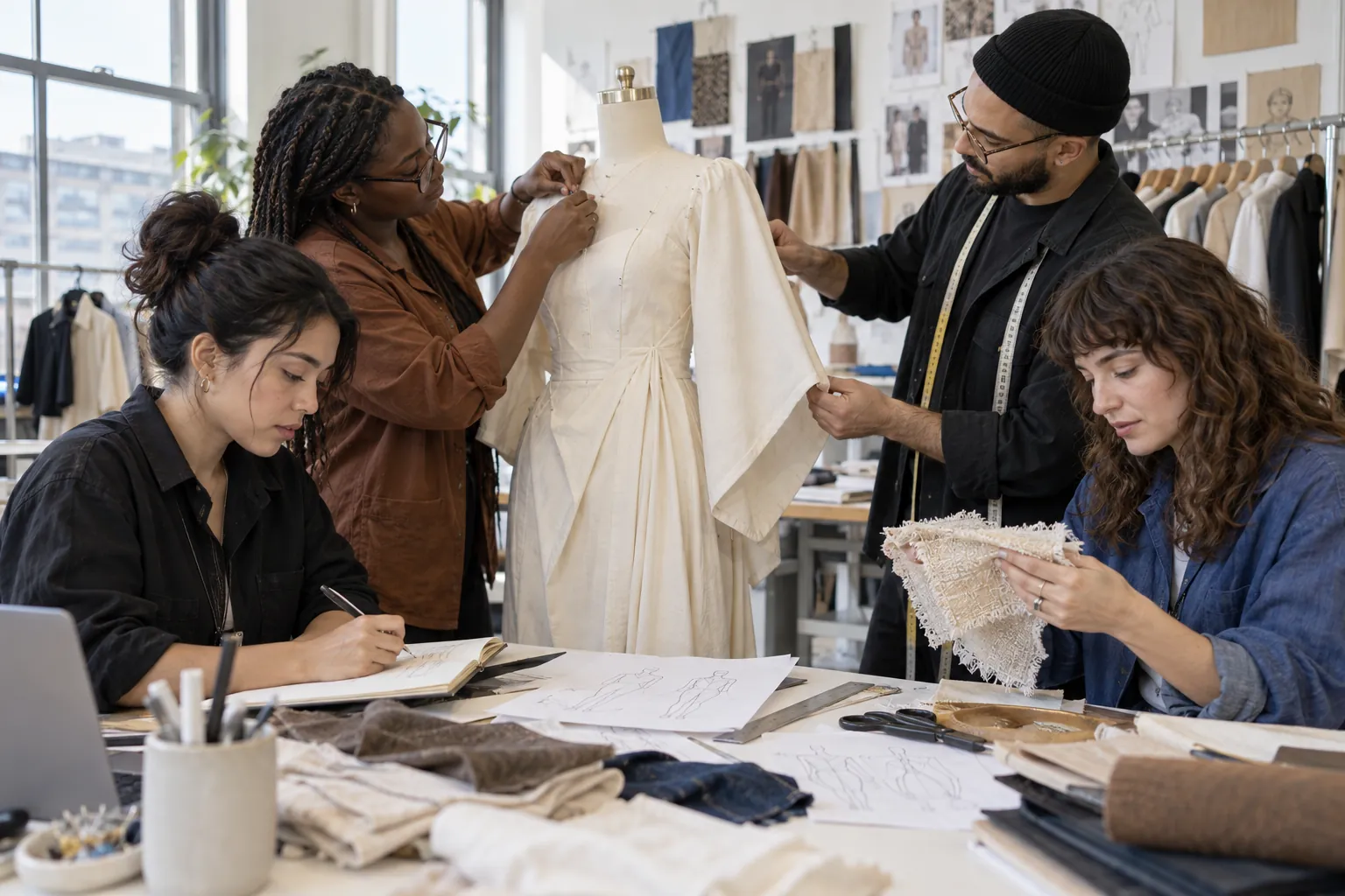 Visuel éditorial : Quatre professionnels de la mode collaborant autour d’une toile, de croquis, de mesures et d’échantillons