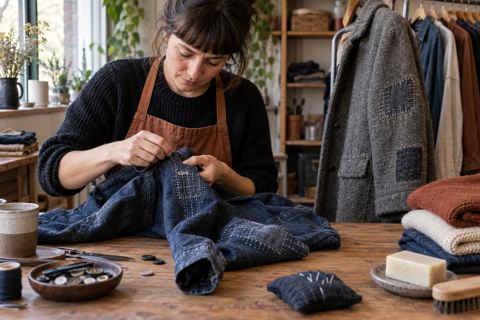 Visuel éditorial : Artisane réparant une veste en denim indigo dans un atelier avec manteau raccommodé et vêtements pliés