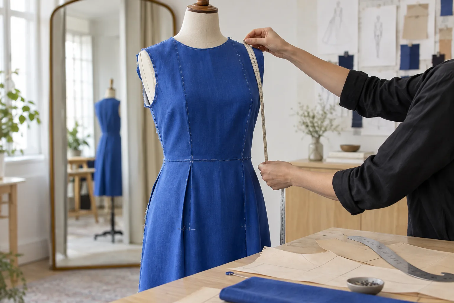 Visuel éditorial : Mesure d’un prototype bleu monté sur mannequin avec patron et règle courbe