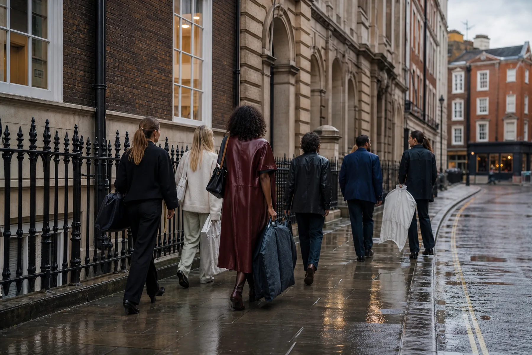 Visuel éditorial : Professionnels de la mode marchant dans une rue londonienne après la pluie — illustration éditoriale, scène imaginaire