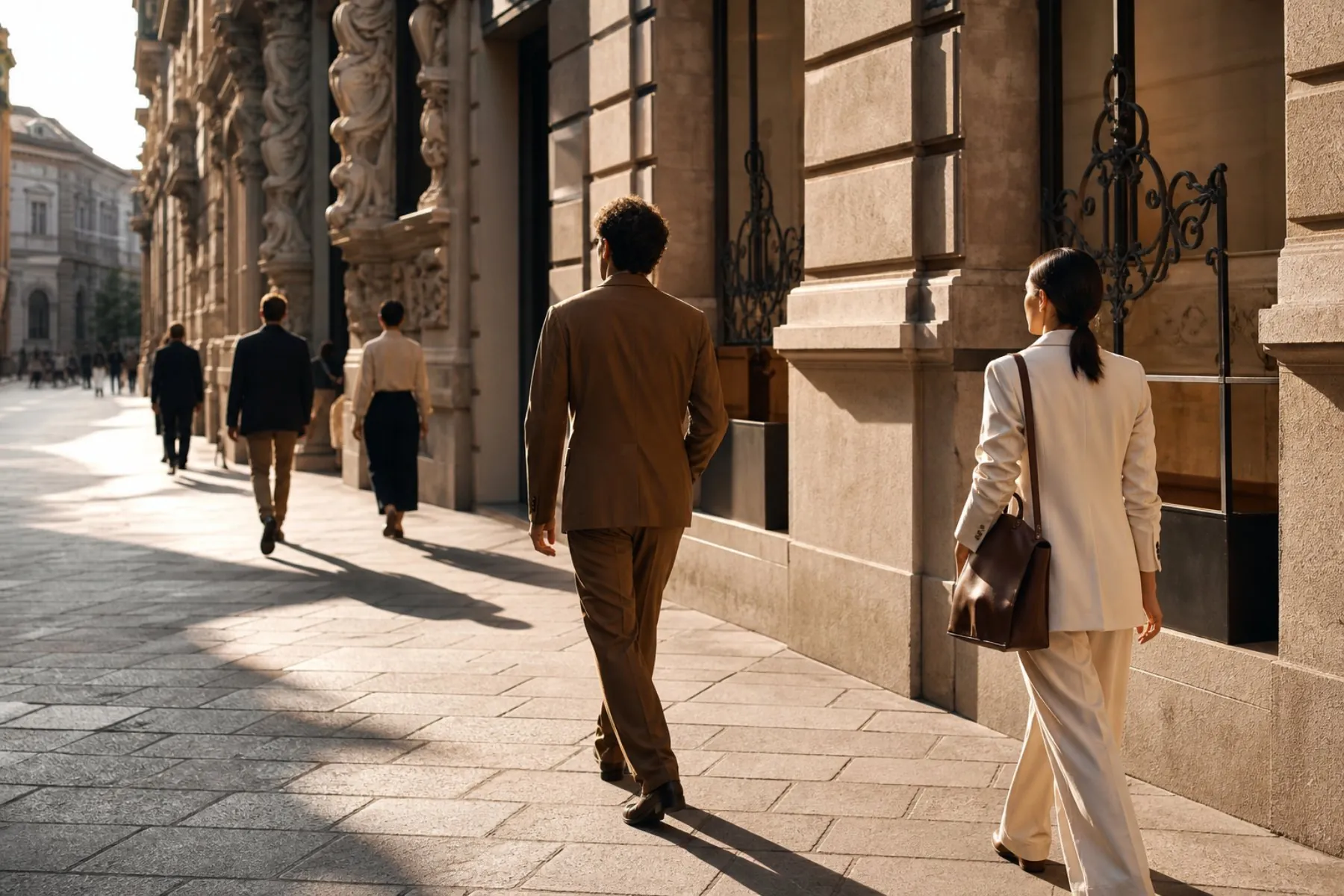 Visuel éditorial : Professionnels de la mode dans le quartier créatif de Milan en fin d’après-midi — illustration éditoriale, scène imaginaire