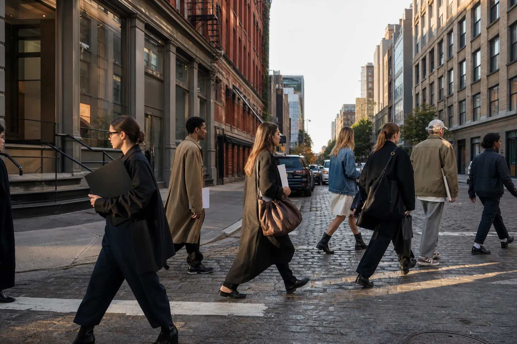 Visuel éditorial : Professionnels de la mode traversant une rue du quartier de Chelsea à New York — illustration éditoriale, scène imaginaire