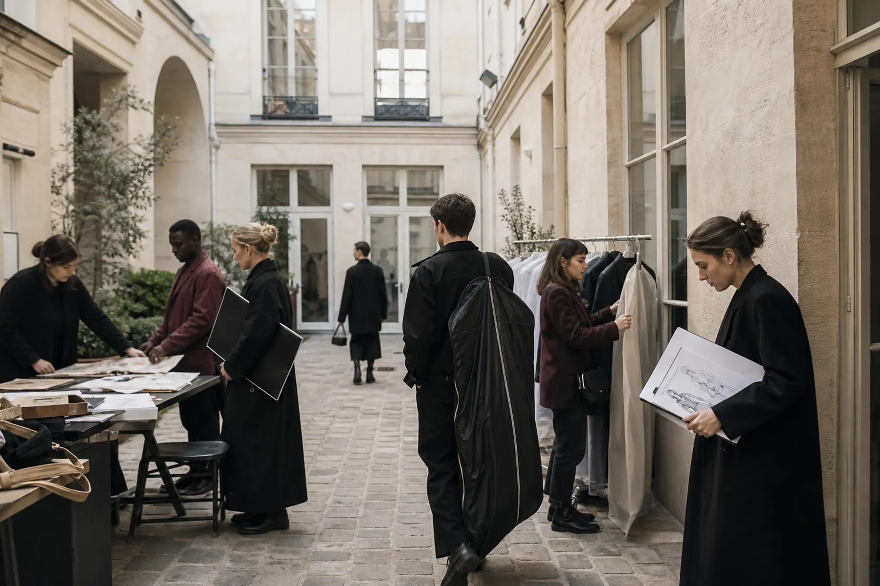Visuel éditorial : Professionnels de la couture travaillant dans une cour d’atelier parisienne — illustration éditoriale, scène imaginaire