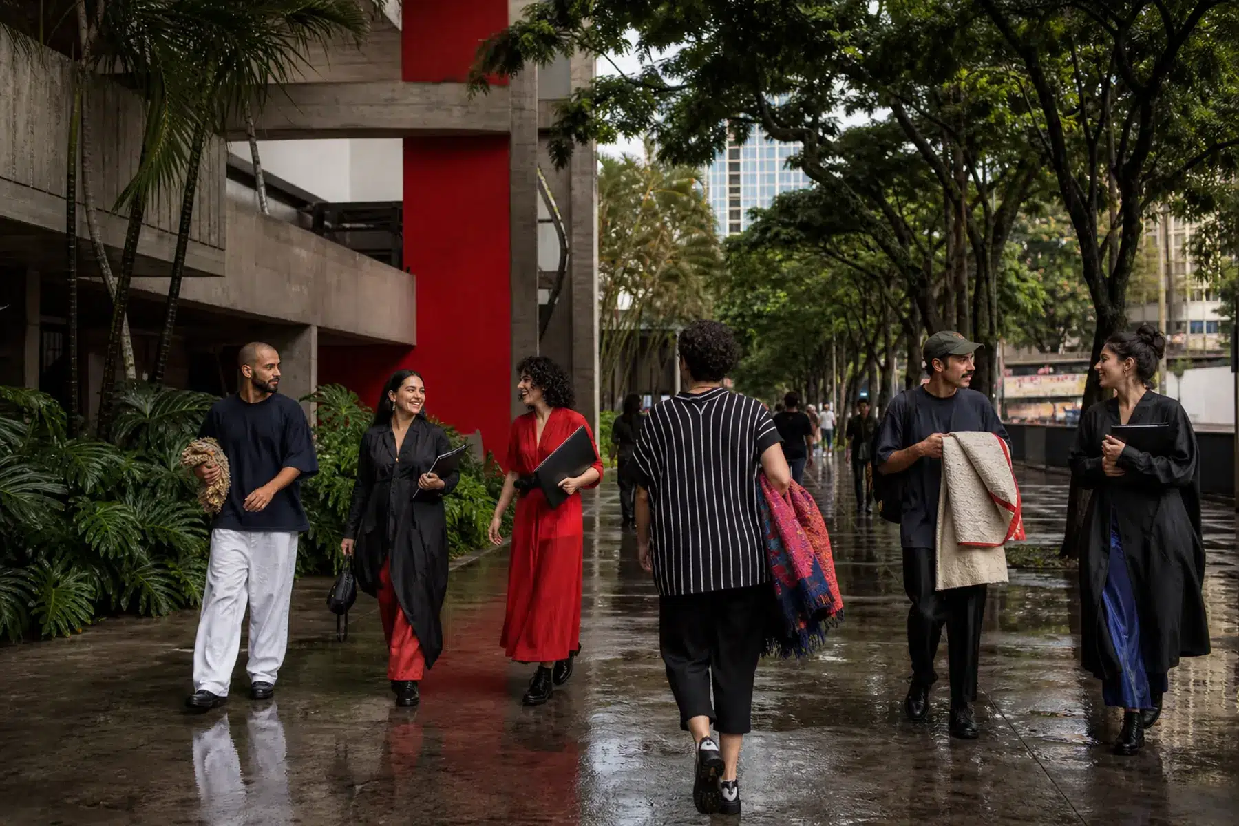 Visuel éditorial : Créateurs marchant près d’un ensemble moderniste arboré à São Paulo — illustration éditoriale, scène imaginaire