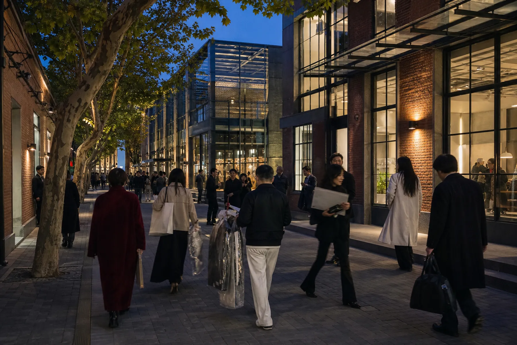 Visuel éditorial : Professionnels de la mode dans un quartier créatif de Shanghai à l’heure bleue — illustration éditoriale, scène imaginaire