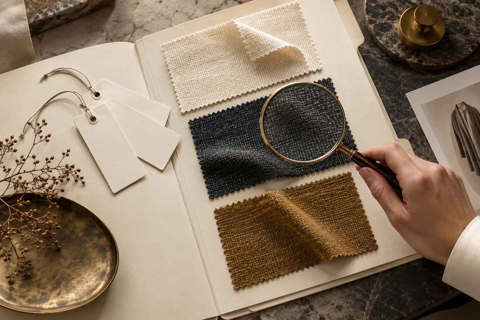 Visuel éditorial : Échantillons textiles et documents vierges pour illustrer une vérification — illustration générée par IA