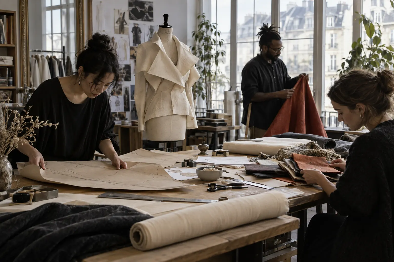 Visuel éditorial : Créateurs examinant des patrons et textiles autour d’un mannequin dans un studio de mode